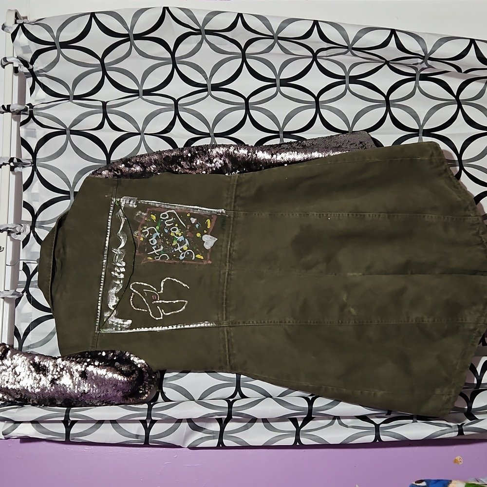 New York & Company Olive Green Utility Jacket with Black Sequin Sleeves